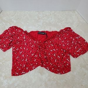 NEW Pretty Little Thing Red Ditsy Floral Ruched Crop Top Tie Front Sz 18